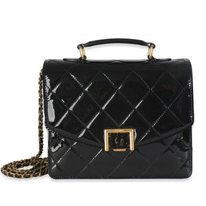 Chanel 23A Black Quilted Patent Accordion Pushlock Top Handle Flap Bag